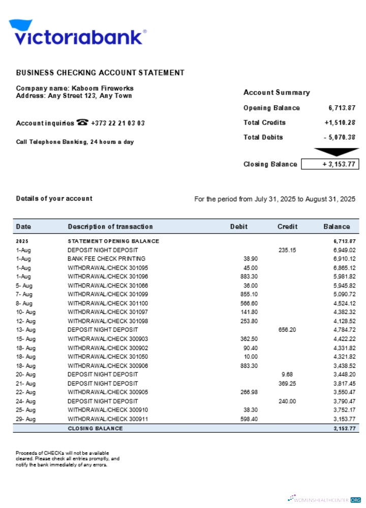 Download Victoriabank firm account statement Word and PDF template (1) Photoshop template